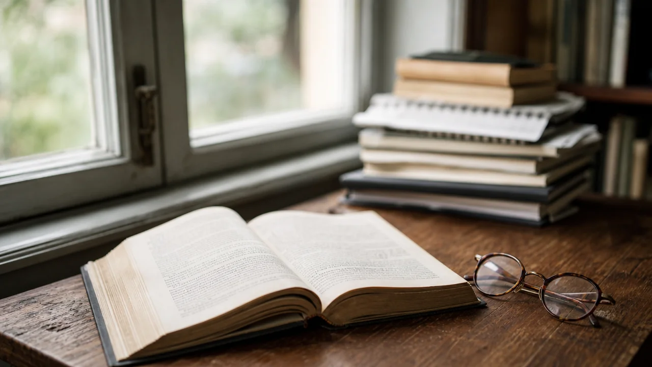 Aufgeschlagenes Buch mit Lesebrille auf einem Schreibtisch